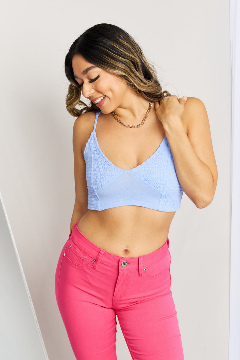 Zenana Full Size Textured Spaghetti Strap Bralette in Spring Blue