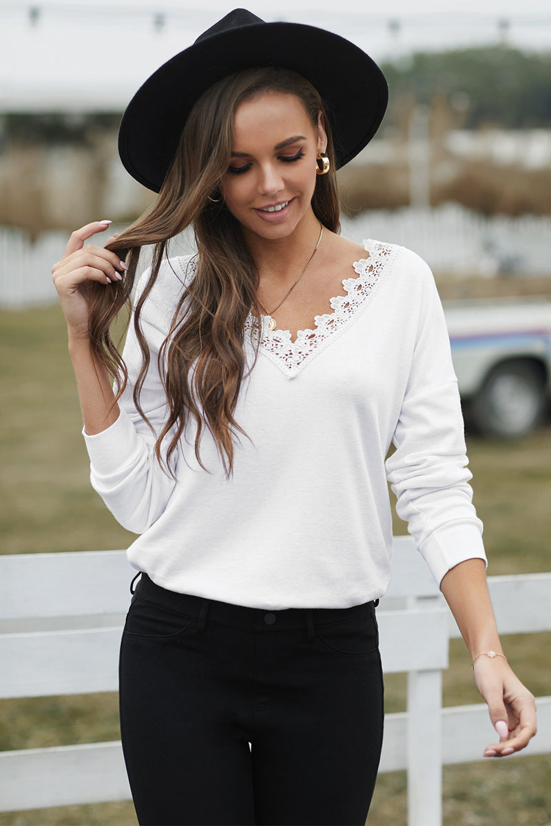 V-Neck Eyelash Lace Trim Top