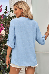 Swiss Dot Roll-Tab Sleeve V-Neck Blouse