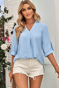 Swiss Dot Roll-Tab Sleeve V-Neck Blouse