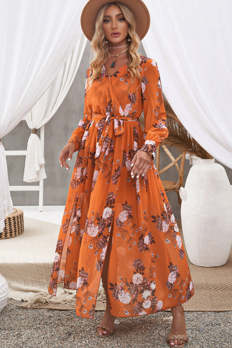 Floral Tie Waist Slit Maxi Dress