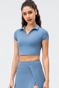 Cropped Short Sleeve Collared Yoga Top