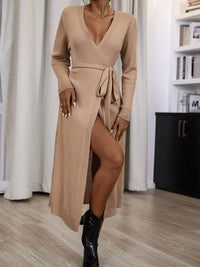 Belted Ribbed Trim Surplice Sweater Dress