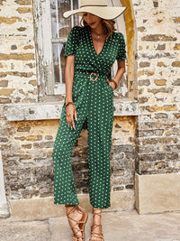 Polka Dot Belted Flounce Sleeve Jumpsuit with Pockets