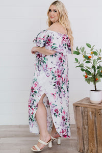 Plus Size Floral Off-Shoulder Side Slit Layered Dress