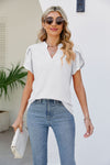 Pom-Pom Trim Petal Sleeve Notched Neck Top