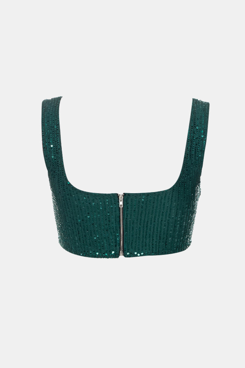 Sequin Square Neck Zip-Back Cropped Top