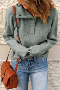 Half Button Dropped Shoulder Ribbed Sweater