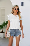 Smocked Round Neck Flutter Sleeve Top