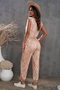 Animal Print Capped Sleeve Jogger Jumpsuit with Pockets