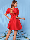 Square Neck Tie Back Puff Sleeve Mini Dress