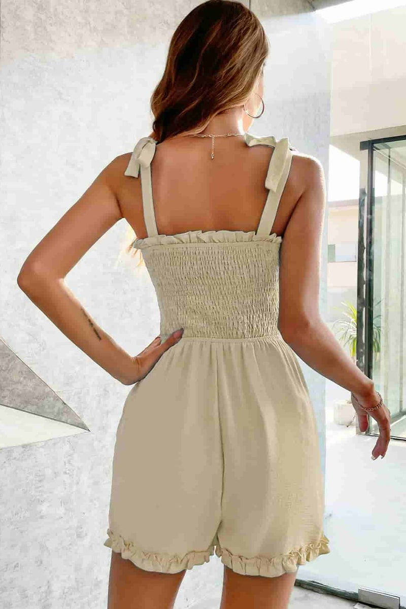 Smocked Frill Trim Tie-Shoulder Romper