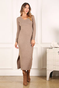 V Neck Ankle Length Sweater Dress