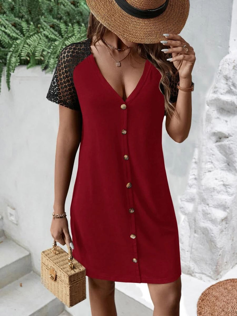 Buttoned V-Neck Raglan Sleeve Dress