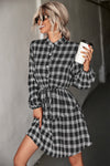 Plaid Band Collar Drawstring Shirt Dress