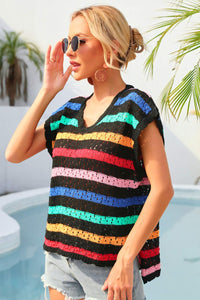 Striped V-Neck Slit Cover Up