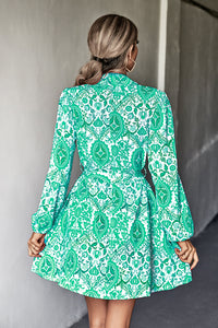 Printed Long Sleeve Belted Shirt Dress