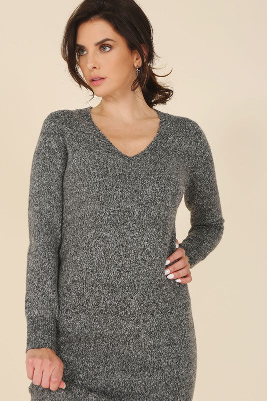 V Neck Ankle Length Sweater Dress