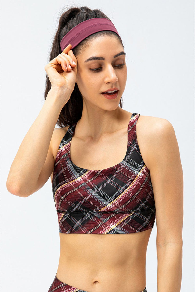 Plaid Double Crisscross Strap Sports Bra