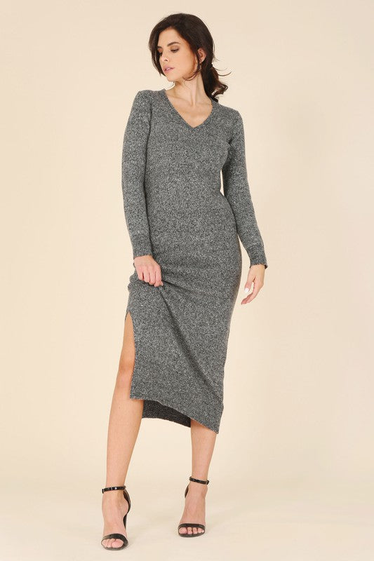 V Neck Ankle Length Sweater Dress