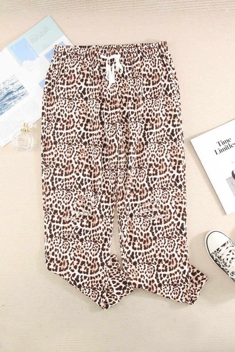 Plus Size Leopard Distressed Joggers with Pockets