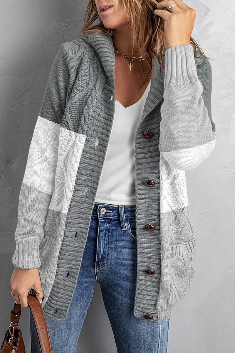 Mixed Print Button Front Hooded Cardigan